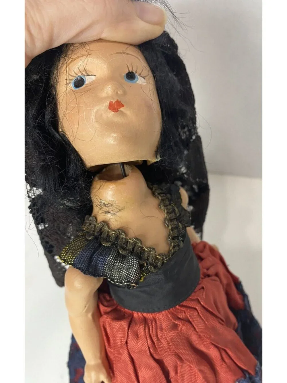 10" Vintage 1950s Doll In Red Dress Goth Spanish Black Lace - Picture 7 of 10